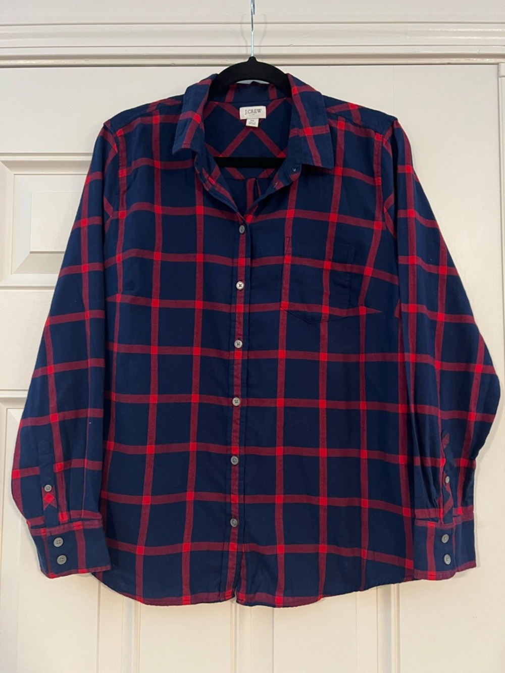 J.Crew Factory Red Navy Plaid Button Down Shirt Long Sleeve Front Pocket Size XL
